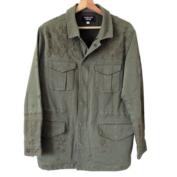 Johnny Was Military Jacket Zhenya Army Green Embroidery Stars Fatigue Utility M - Picture 1 of 7